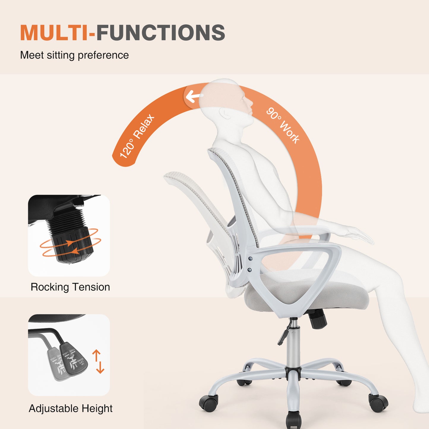 Sweetcrispy Ergonomic Office Chair Home Desk Mesh Chair with Fixed Armrest Executive Computer Chair with Soft Foam Seat Cushion