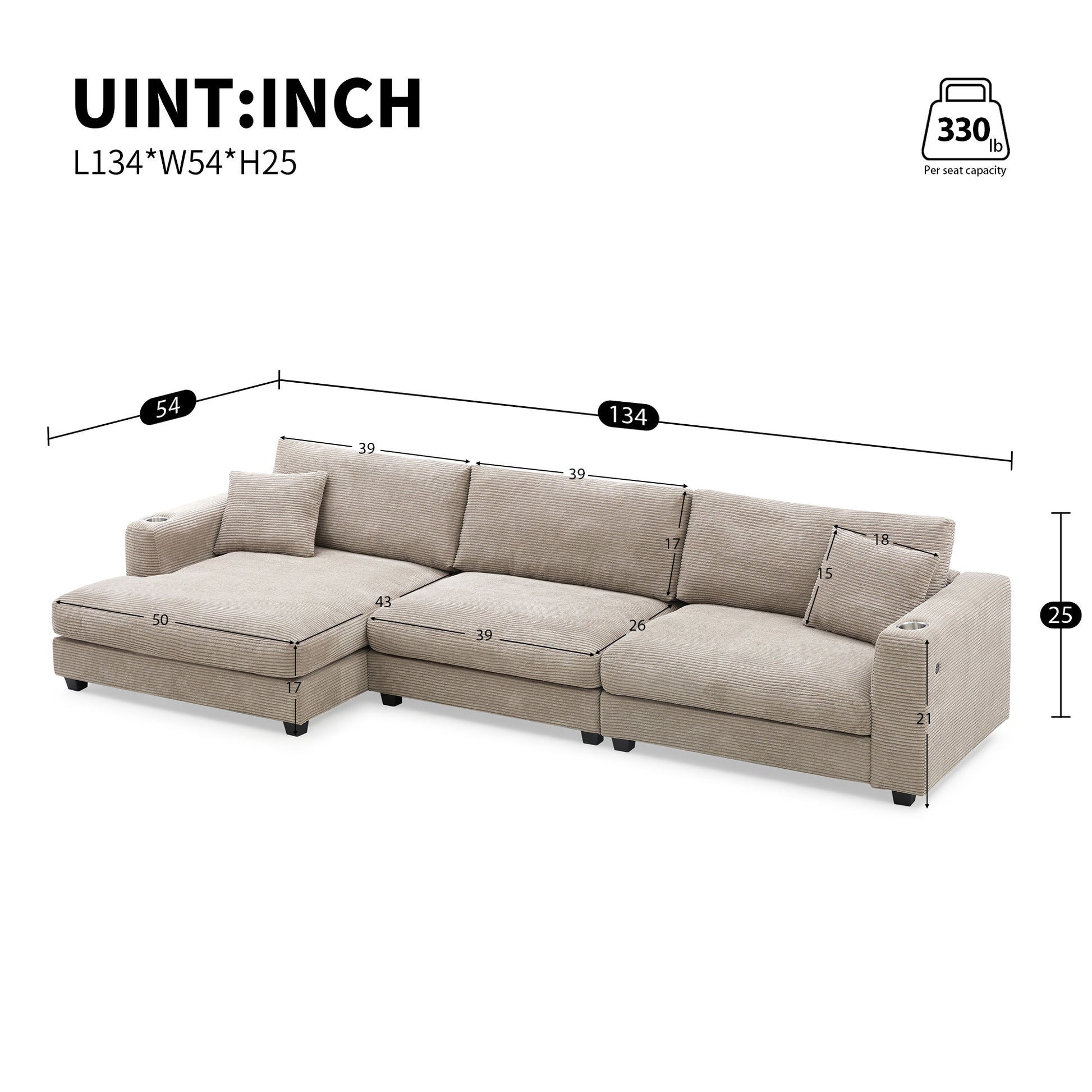 [VIDEO provided][New]134*54"Oversized Corduroy Sectional Sofa,L Shaped Cloud Couch with USB Charging Port,Cup Holder,Deep Seat Sofa Bed with 50" Chaise,Comfy Indoor Furniture for Living Room,3 Colors