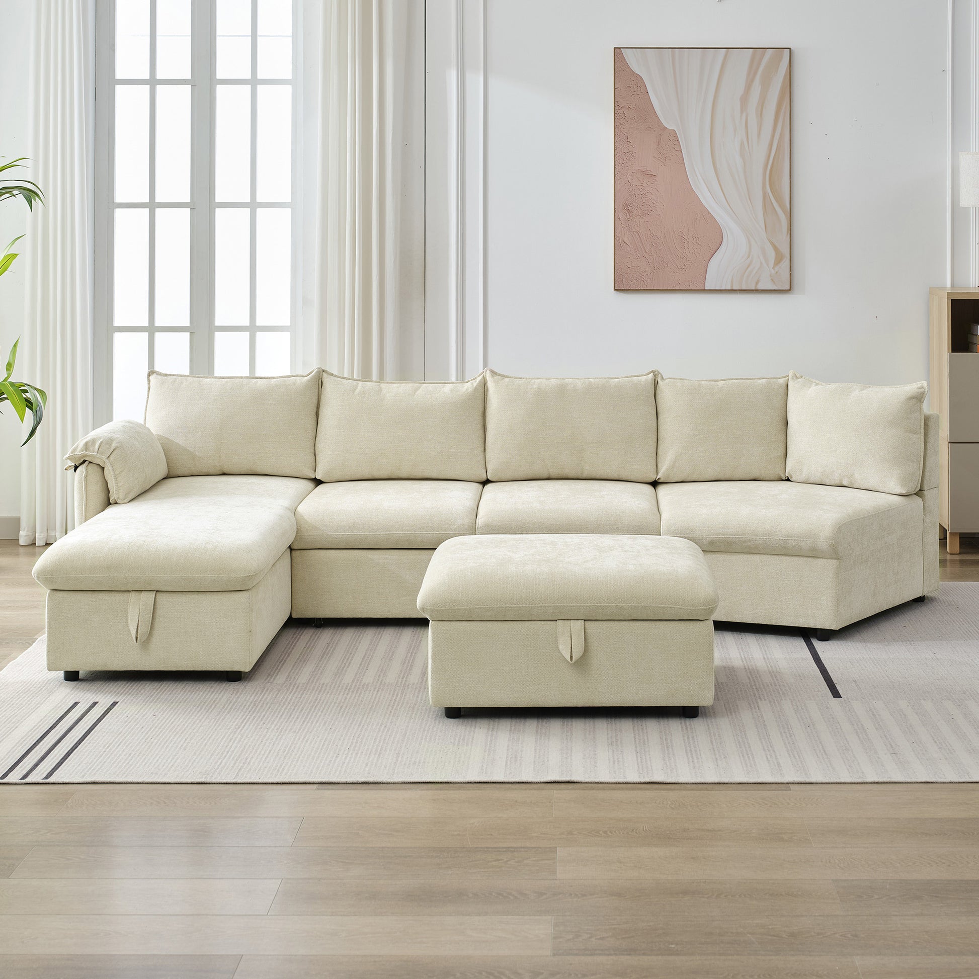 146.9" L-shaped Sofa Sectional Sofa Couch Pull-out Sofa Bed with a Movable Storage Ottoman, a Storage Chaise Lounge and Two USB Ports for Living Room, Beige