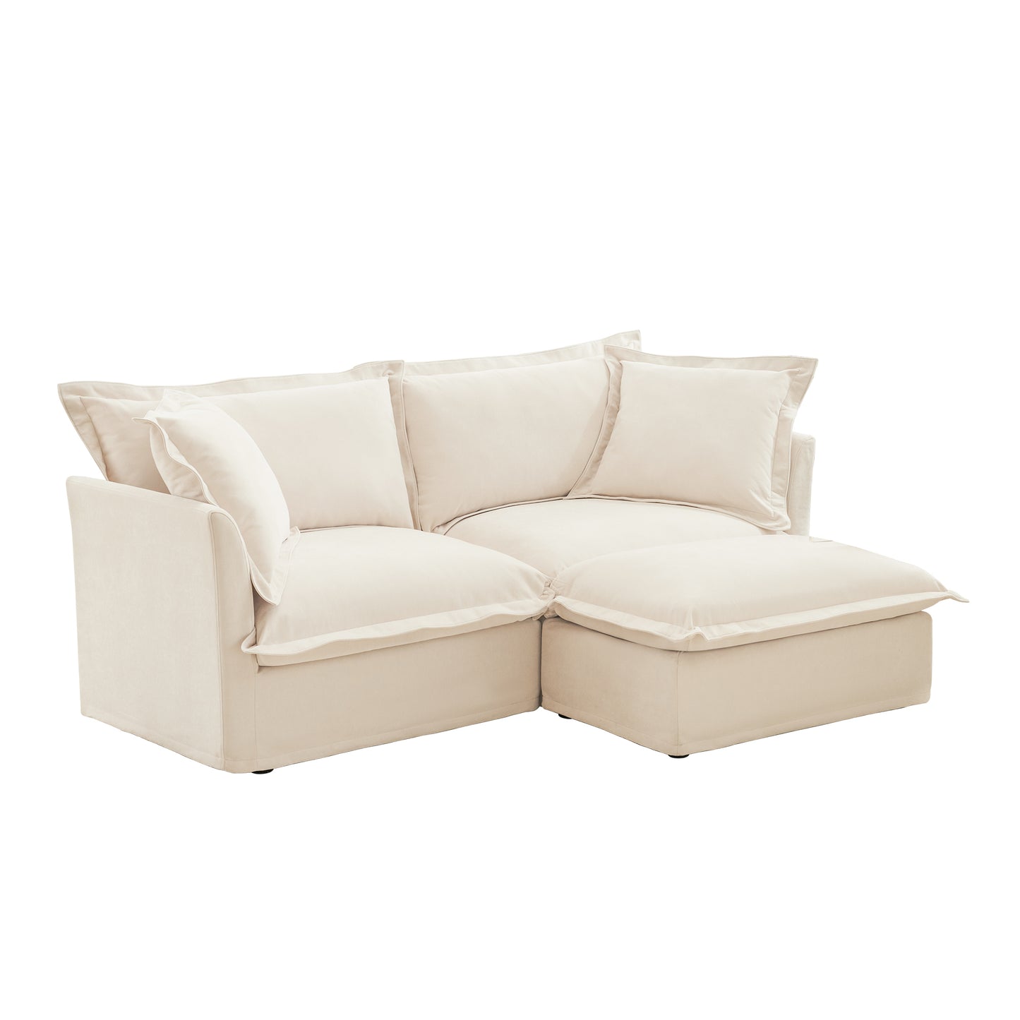 Slipcovered Sectional 2 Seater Sofa Couch with Convertible Ottoman, Wide and Deep Seat L Shaped Sofa with Detachable Cover and Soft Multiple Big Pillows, Chenille Fabric, Cream