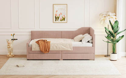 Twin Size L-Shaped Corduroy Daybed,Upholstered Bed Frame with 2 Storage Drawers,Pink