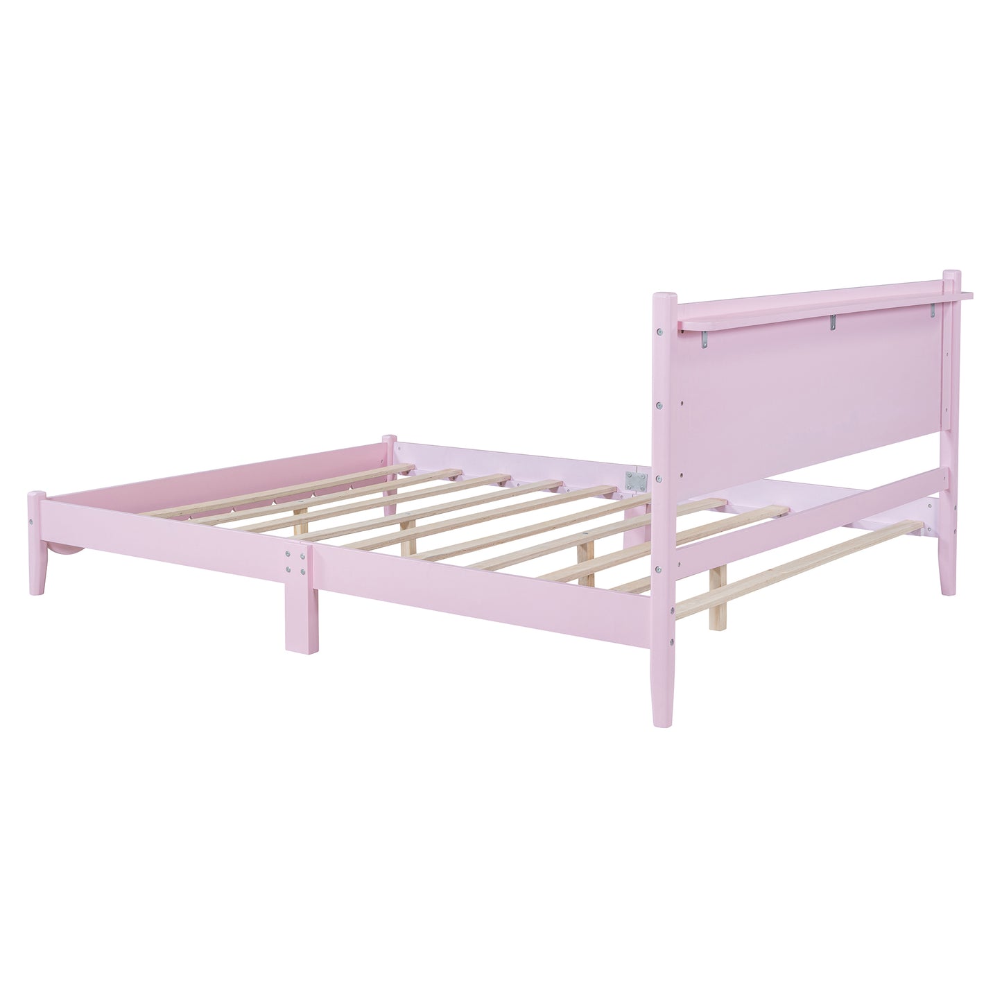 Queen Size Wood Platform Bed Frame, Retro Style  Bed with Rectangular Headboard,No Need Box Spring,Pink