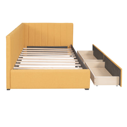 Upholstered Daybed with 2 Storage Drawers Twin Size Sofa Bed Frame No Box Spring Needed, Linen Fabric (Yellow)