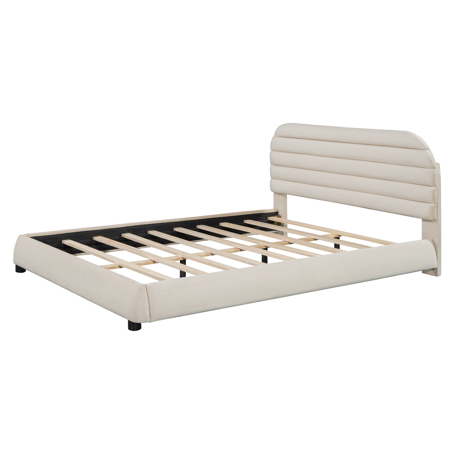 Queen Size Velvet Upholstered Platform Bed,Solid Frame and Stylish Curve-shaped Design, Beige