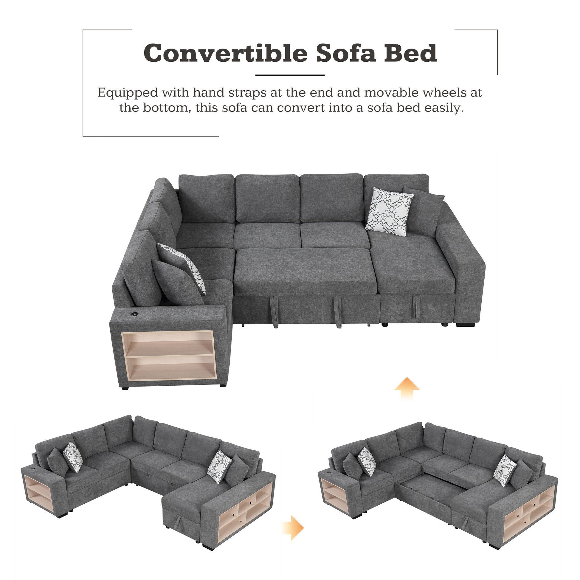 109" U-shaped Sectional Sofa Pull-out Sofa Bed with Two USB Ports, a Storage Chaise Lounge and Four Back Pillows for Living Room, Grey