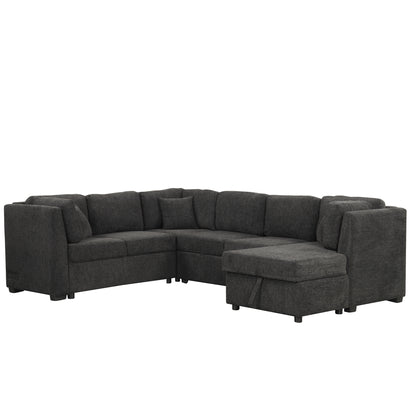 108.6" U-shaped Sectional Sofa Pull out Sofa Bed with Two USB Ports, Two Power Sockets, Three Back Pillows and a Storage Chaise for Living Room, Black