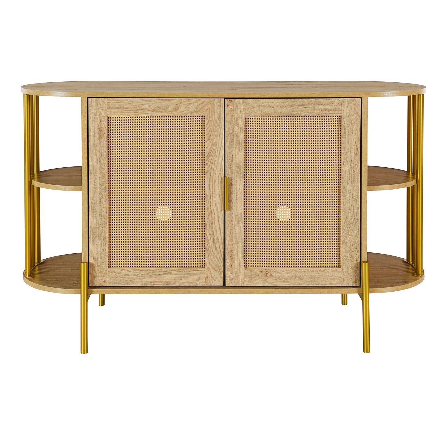 TREXM 2-Door Elegant Curved Dining Cabinet with Gold Trim and Woven Rattan Doors for Dining Room (Natural)