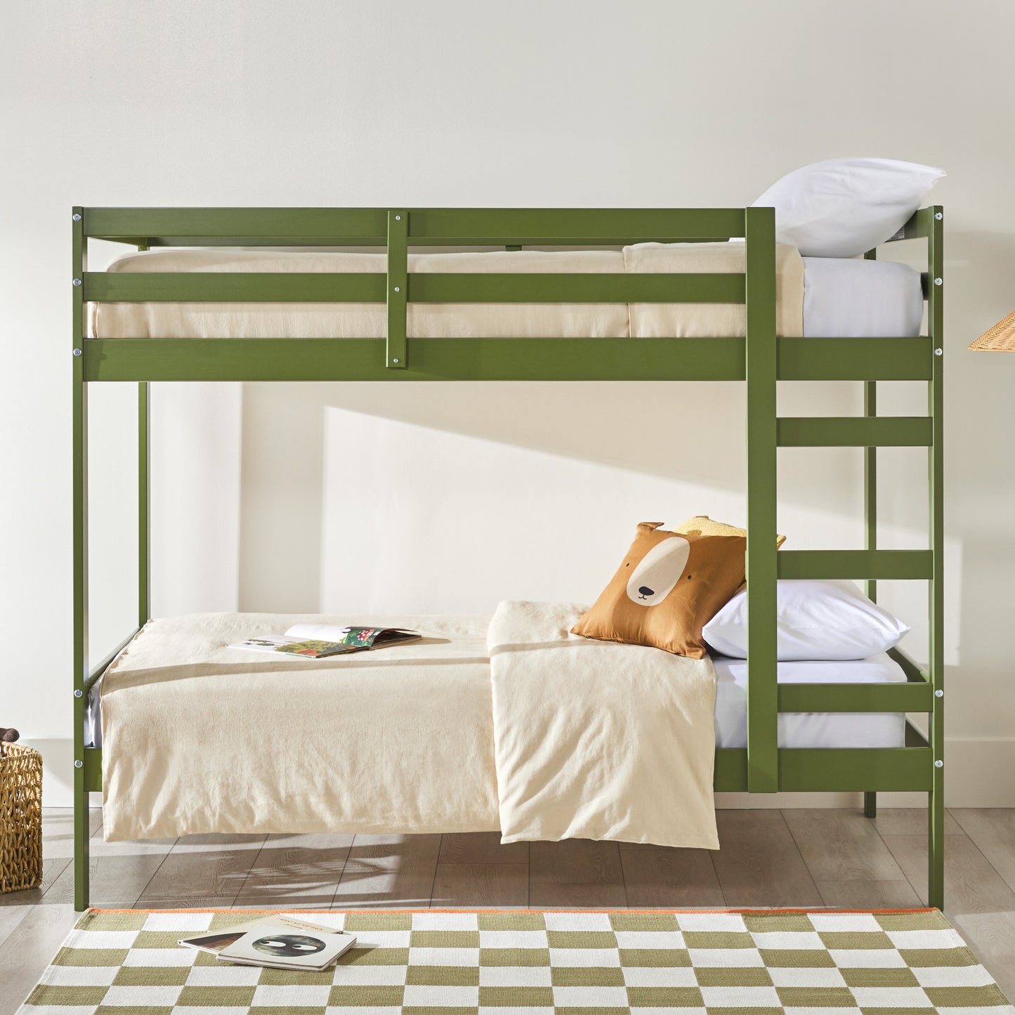 Modern Simple Solid Wood Twin Over Twin Bunk Bed, Olive Green