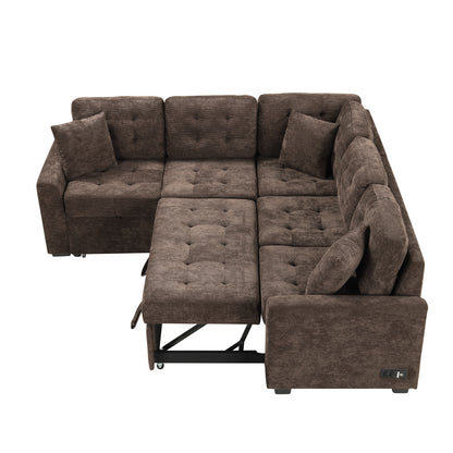 82.6" L-shape Sofa Bed Pull-out Sleeper Sofa with Wheels, USB Ports, Power Sockets for Living Room, Brown