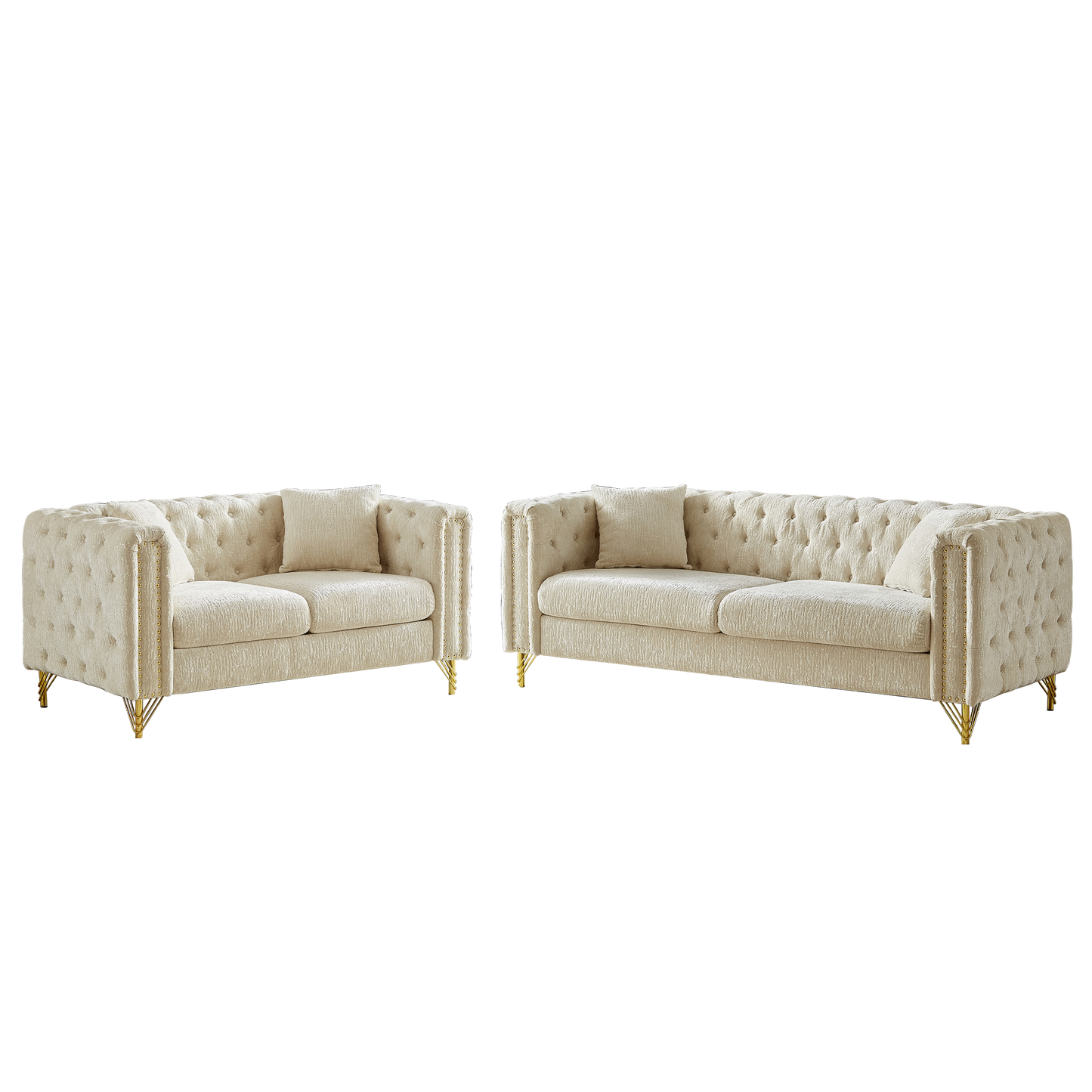 Chenille Pull Buckle Design Sofa for Living Room,Buttons Tufted With Copper Nail Decoration Armrest, Modern Couch Upholstered Button And Metal Legs