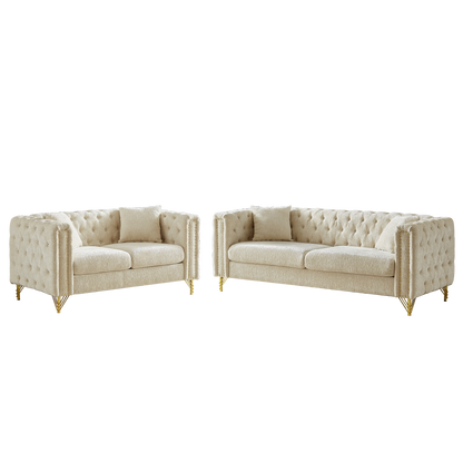 Chenille Pull Buckle Design Sofa for Living Room,Buttons Tufted With Copper Nail Decoration Armrest, Modern Couch Upholstered Button And Metal Legs