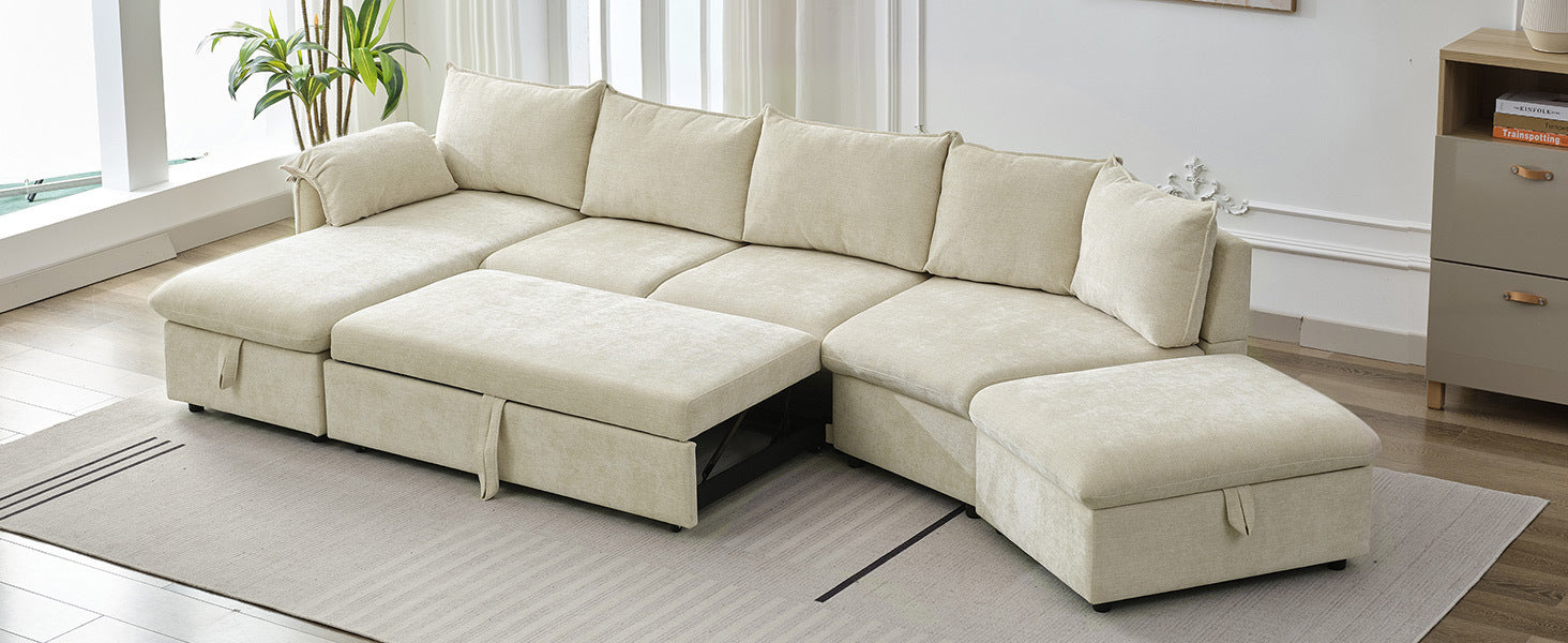 146.9" L-shaped Sofa Sectional Sofa Couch Pull-out Sofa Bed with a Movable Storage Ottoman, a Storage Chaise Lounge and Two USB Ports for Living Room, Beige