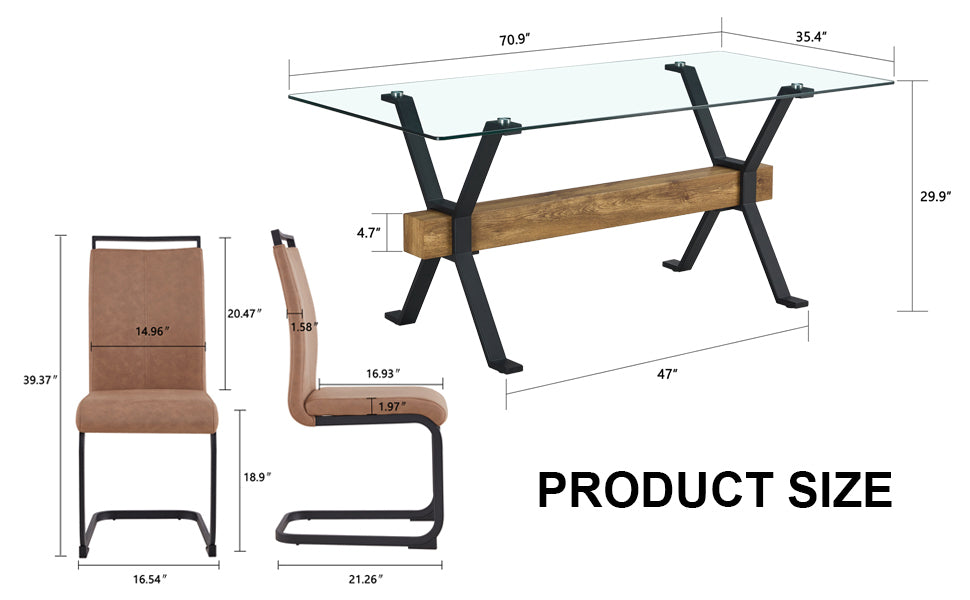 Dining table. Modern tempered glass dining table. Large modern office desk with black metal legs and MDF crossbars, suitable for home and office use. 4 high-end cushioned seats.F1105  C-1162