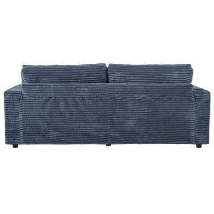 86.5" Oversized Loveseat Chaise Lounge Sectional Sofa Bed Corduroy Sleeper Sofa with Two USB Ports , Two Cup Holders and Two Throw Pillows for Living Room and Bedroom, Blue