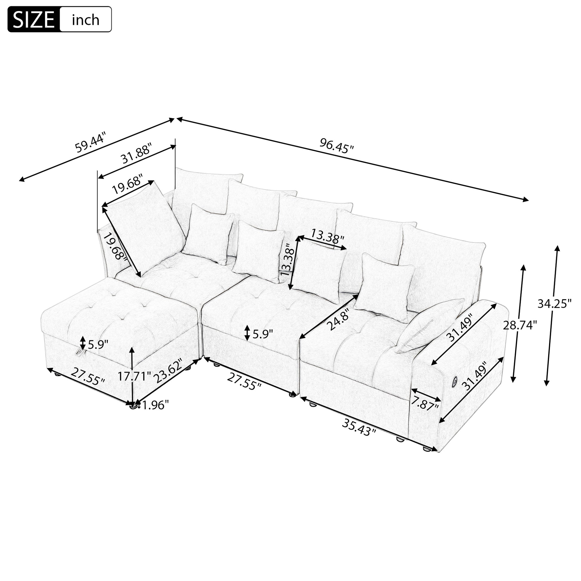 96.45"Sectional sofa Modular Sofa Couch with Three USB Ports, a Removable Storage Ottoman and Five Back Pillows for Living Room, Beige