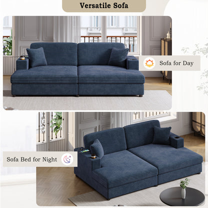 86.5" Oversized Loveseat Chaise Lounge Sectional Sofa Bed Corduroy Sleeper Sofa with Two USB Ports , Two Cup Holders and Two Throw Pillows for Living Room and Bedroom, Blue