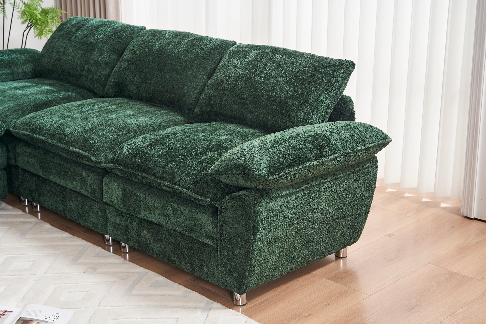 Modern Deep 3-Seat Sofa Couch with Ottoman, Polyester Sofa Sleeper Comfy Upholstered Furniture for Living Room, Apartment, Studio, Office, Green