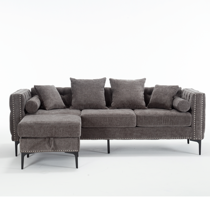 [NEW ARRIVED] [VIDEO PROVIDED]L Shaped Sectional Sofa , Convertible Storage Ottoman,Chenille ,Square Arm,  Modern Tufted Couch ,3 Seater, And Nailhead, Dark gray