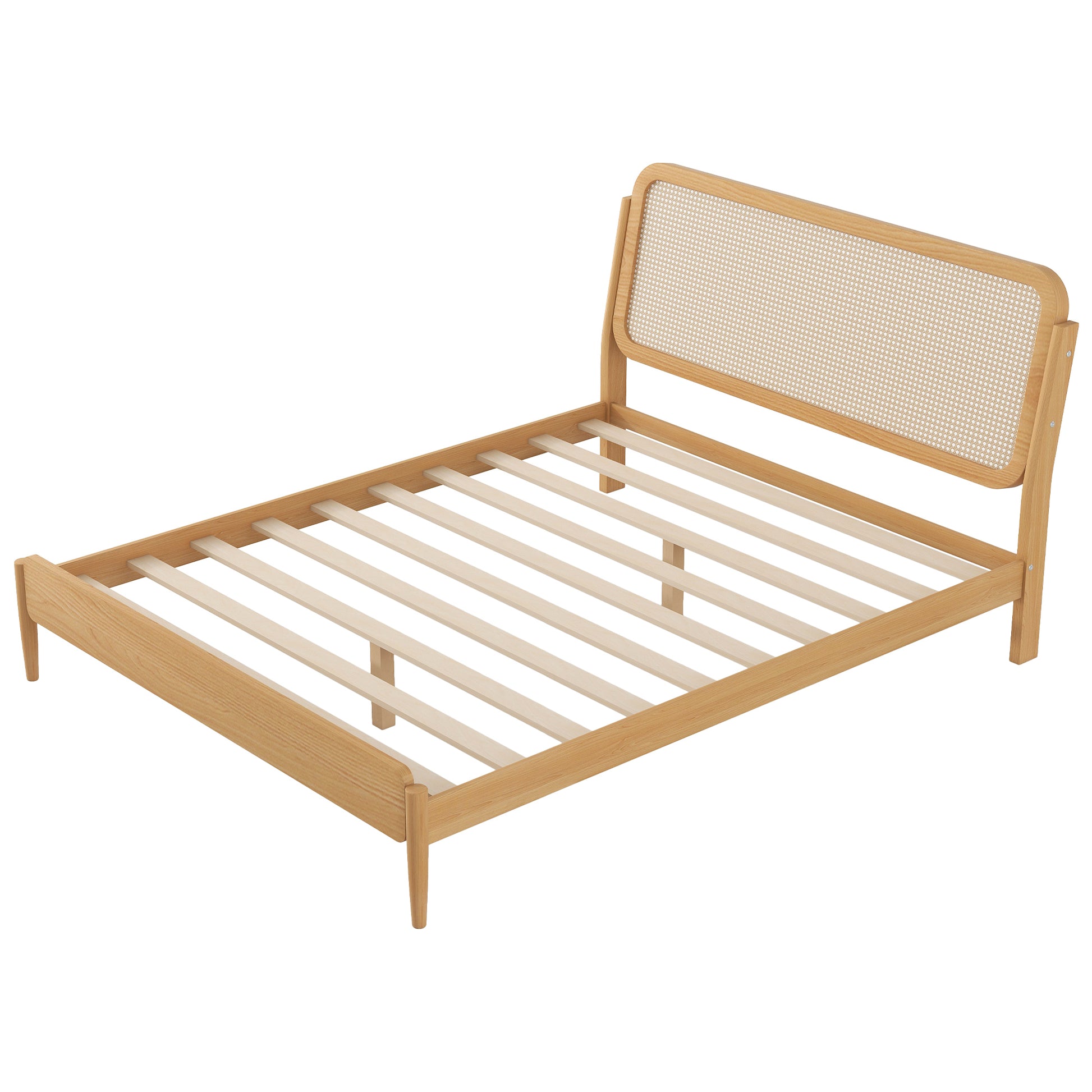 Queen Size Wood Storage Platform Bed with LED Light, Rattan Headboard, Nature