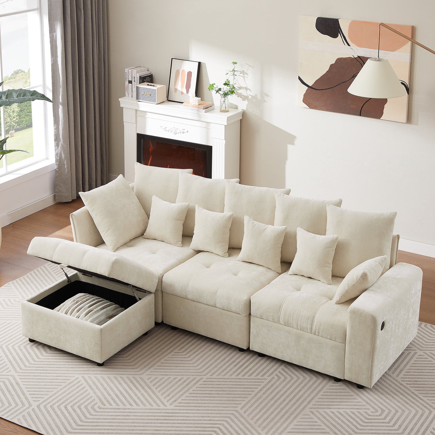 96.45"Sectional sofa Modular Sofa Couch with Three USB Ports, a Removable Storage Ottoman and Five Back Pillows for Living Room, Beige