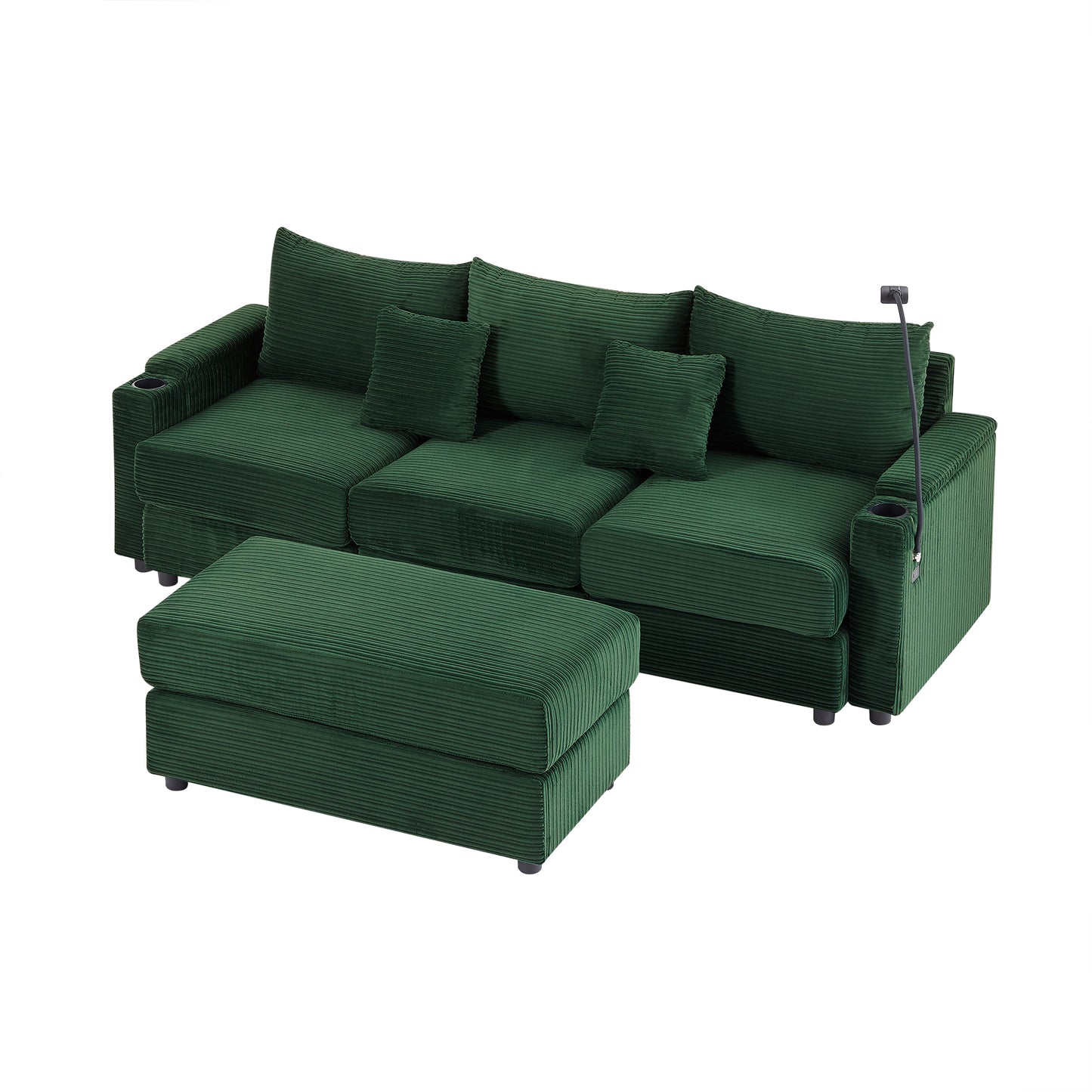 95.3" Modern Style 3-Seater Sofa Sectional Sofa Couch with Storage Space, A Movable Ottoman, Two USB Ports, Two Cup Holders, A Phone Holder for Living Room, Green