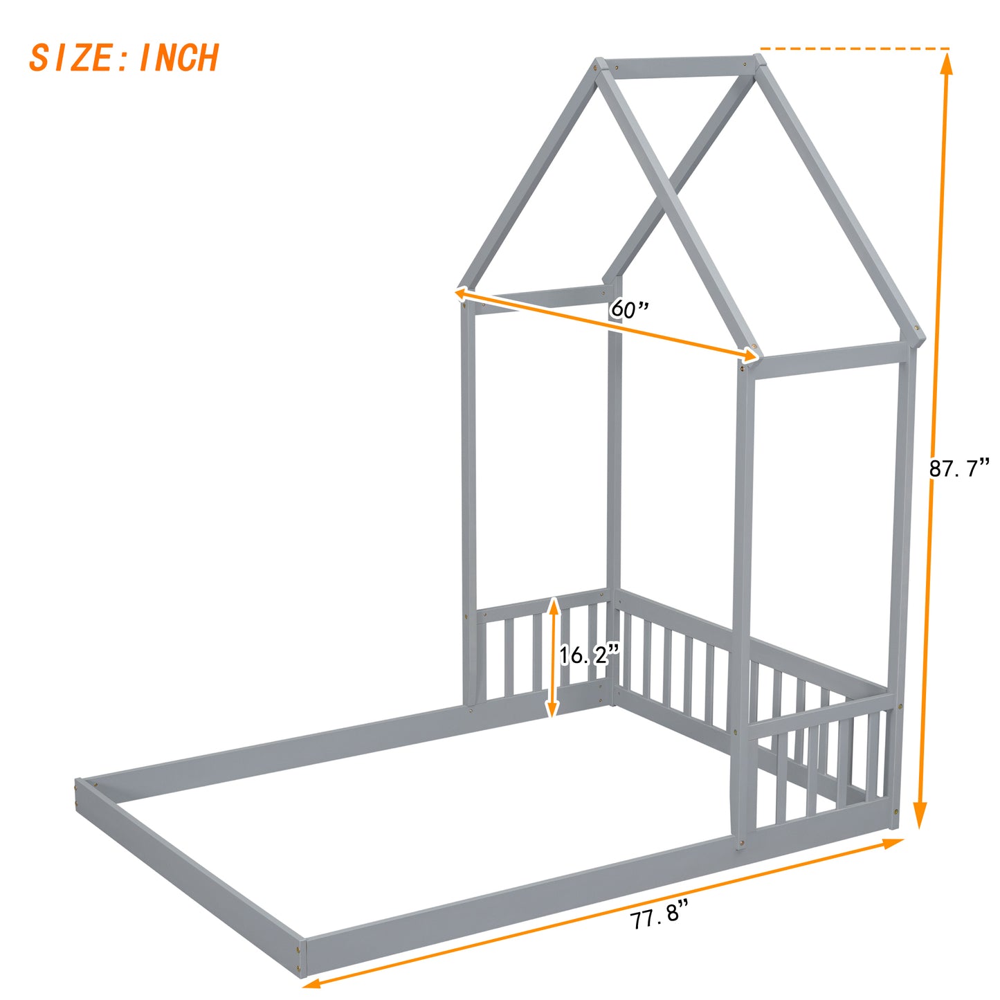 Full Roof-framed Headboard Floor Bed with Headboard Guardrails, without Slats ,Grey