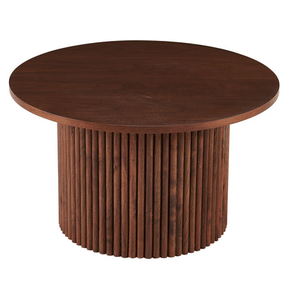 Walnut Wood Veneer Tabletop 27.56 Inch Round Coffee Table, Farmhouse Circle Coffee Table MDF Table-top with Metal Base, Sofa Side Table for Living Room, Reception Room