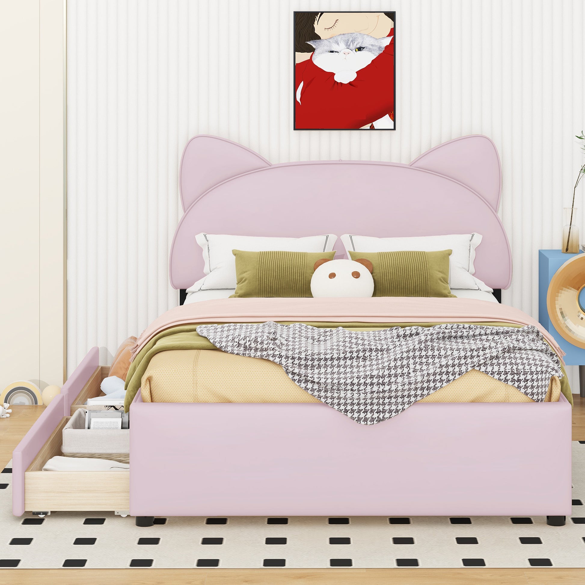 Full Size Upholstered Platform Bed with Cartoon Ears Shaped Headboard and 2 Drawers, Pink