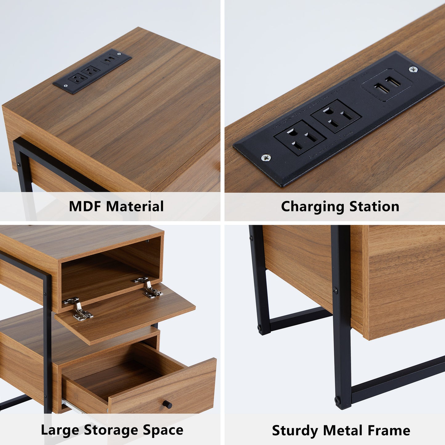 Nightstands Set of 2 with Charging Station, End Table with Storage Drawer, Retro Bedside Tables w/USB Ports and Outlets, Sofa Side Table for Small Space Living Room Bedroom (Walnut)