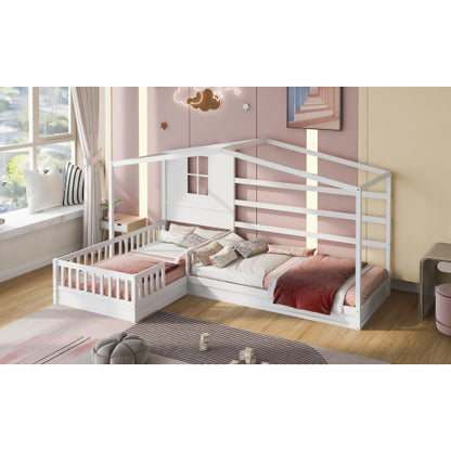 Wood House Bed Twin Size, 2 Twin Solid Bed L structure with fence and slatted frame, White