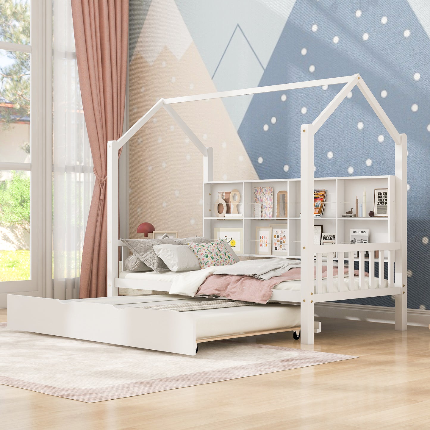 Wooden Twin Size House Bed with Trundle,Kids Bed with Shelf, White