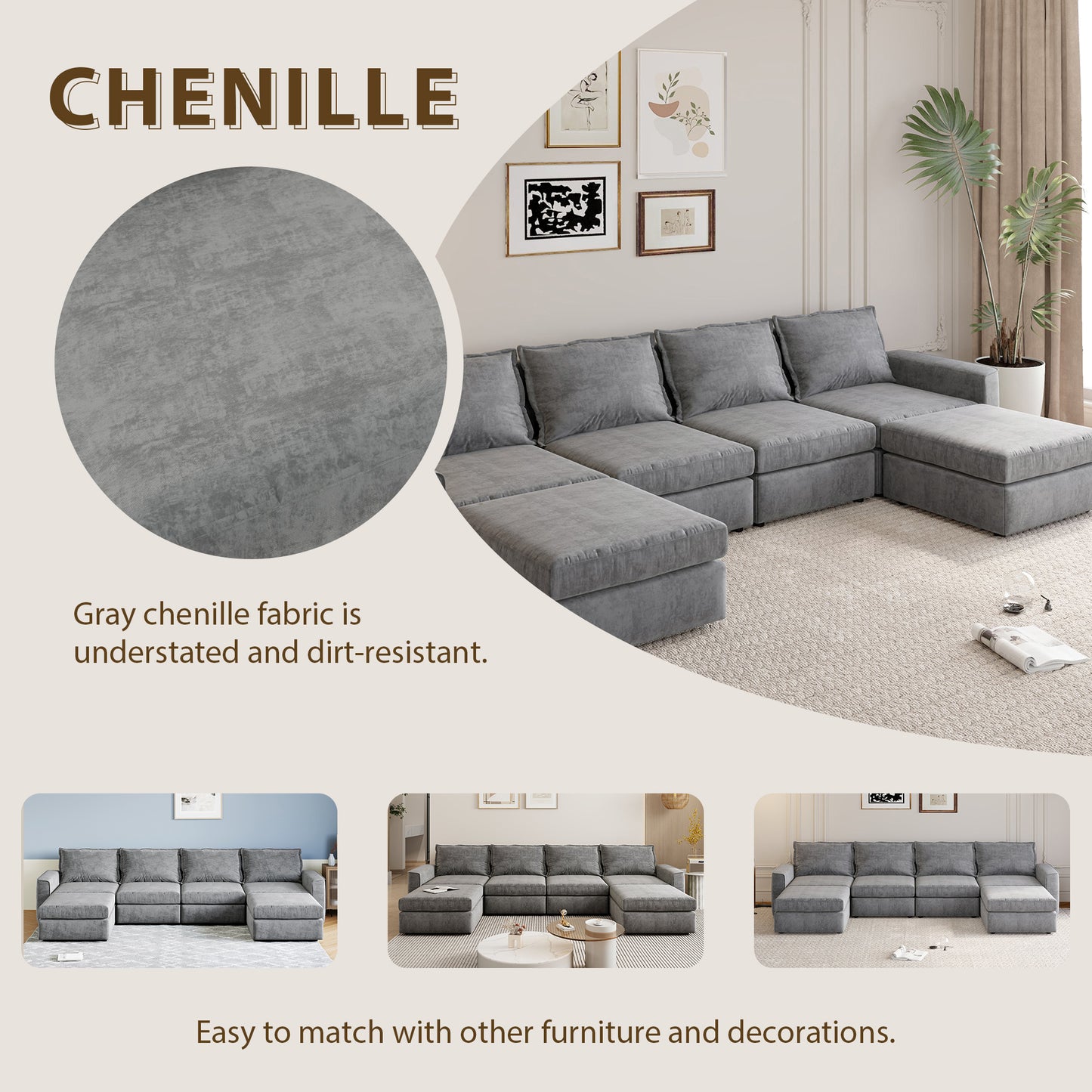 [VIDEO provided][New]115*58" Chenille Modular Sectional Sofa,U Shaped Reversible Couch,Free Combination,6 Seat Sleeper Sofa Bed with Ottoman,Convertible Oversized Indoor Furniture for Living Room,Gray