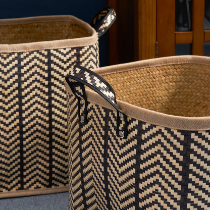 Square Palm Leaf Woven Wicker Storage Basket with Handles Set of 2 - 14" x 14" x 15" and 16" x 16" x 17" - Black and Brown - For Clothes, Books Storage, Picnic and Home Decoration