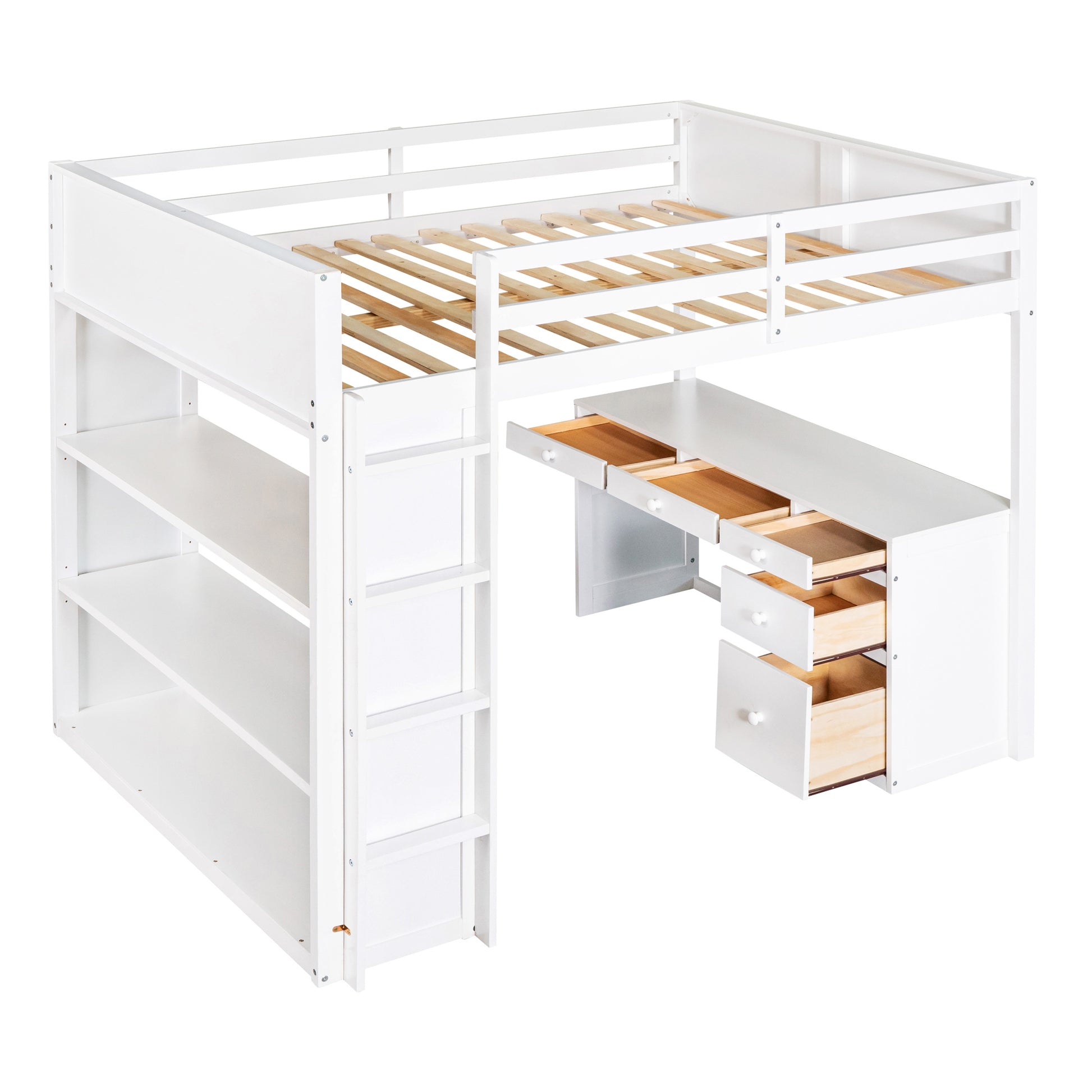 Full Size Loft Bed with Ladder, Shelves, and Desk, White