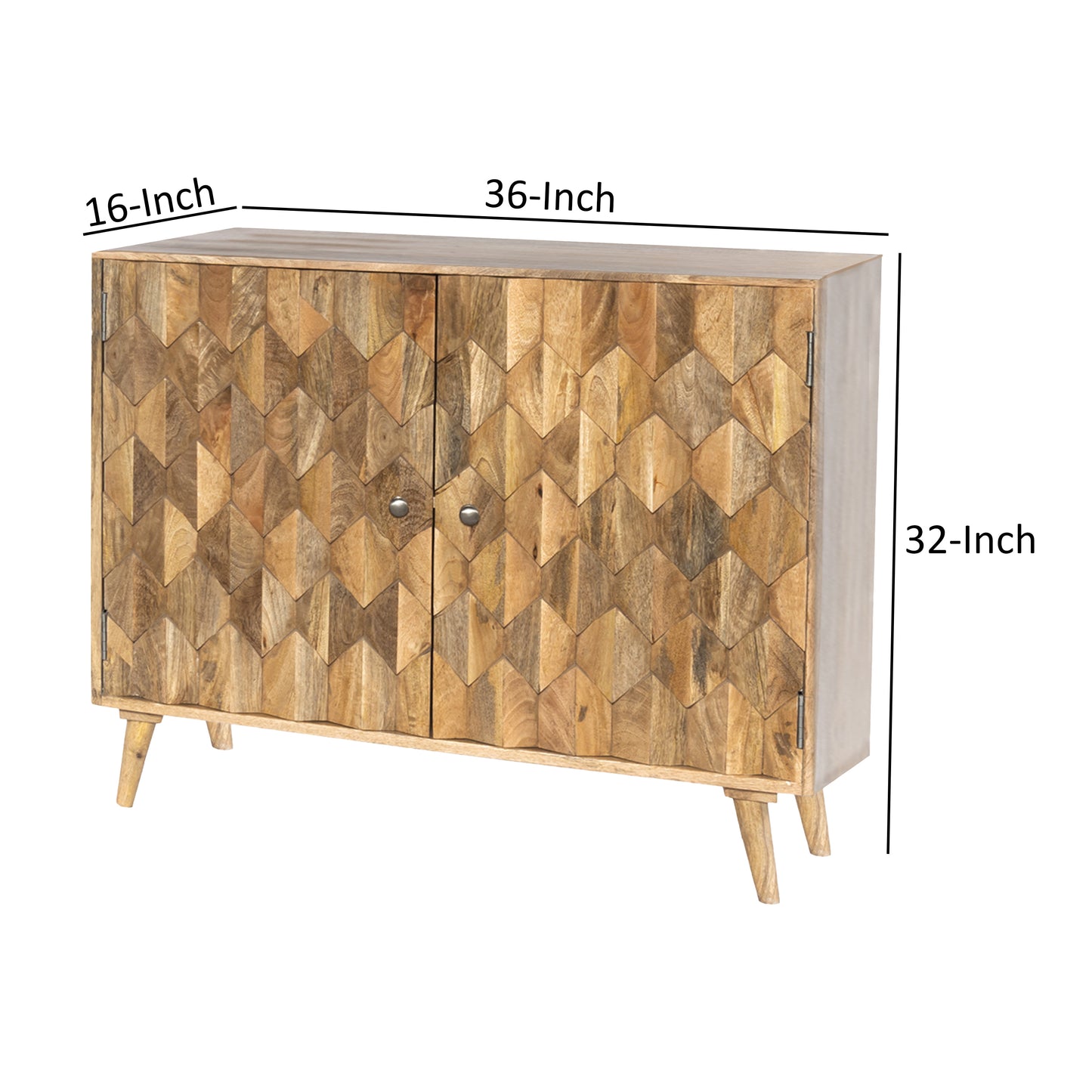 36 Inch Handcrafted Accent Cabinet, 2 Honeycomb Inlaid Doors, Mango Wood, Natural Brown