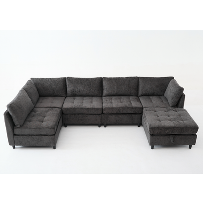 [NEW ARRIVED] [VIDEO PROVIDED]   Modular Sectional Couch with Storage Ottoman, U Shaped Sofa, Storage Ottoman,Minimalist ,Convertible Modular Sofa,Chenille ,Upholstered,6 Seat,Living Room,  Dark  Gray