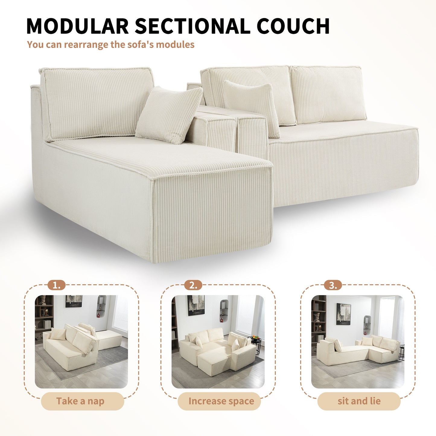 [Video provided] L-Shape Modular Sectional Sofa Couch - Comfy Upholstered Cloud Couch for Living Room - Modern Minimalist Couch,2 PIC Free Combination,No Assembly Required (Beige,Plush Corduroy)