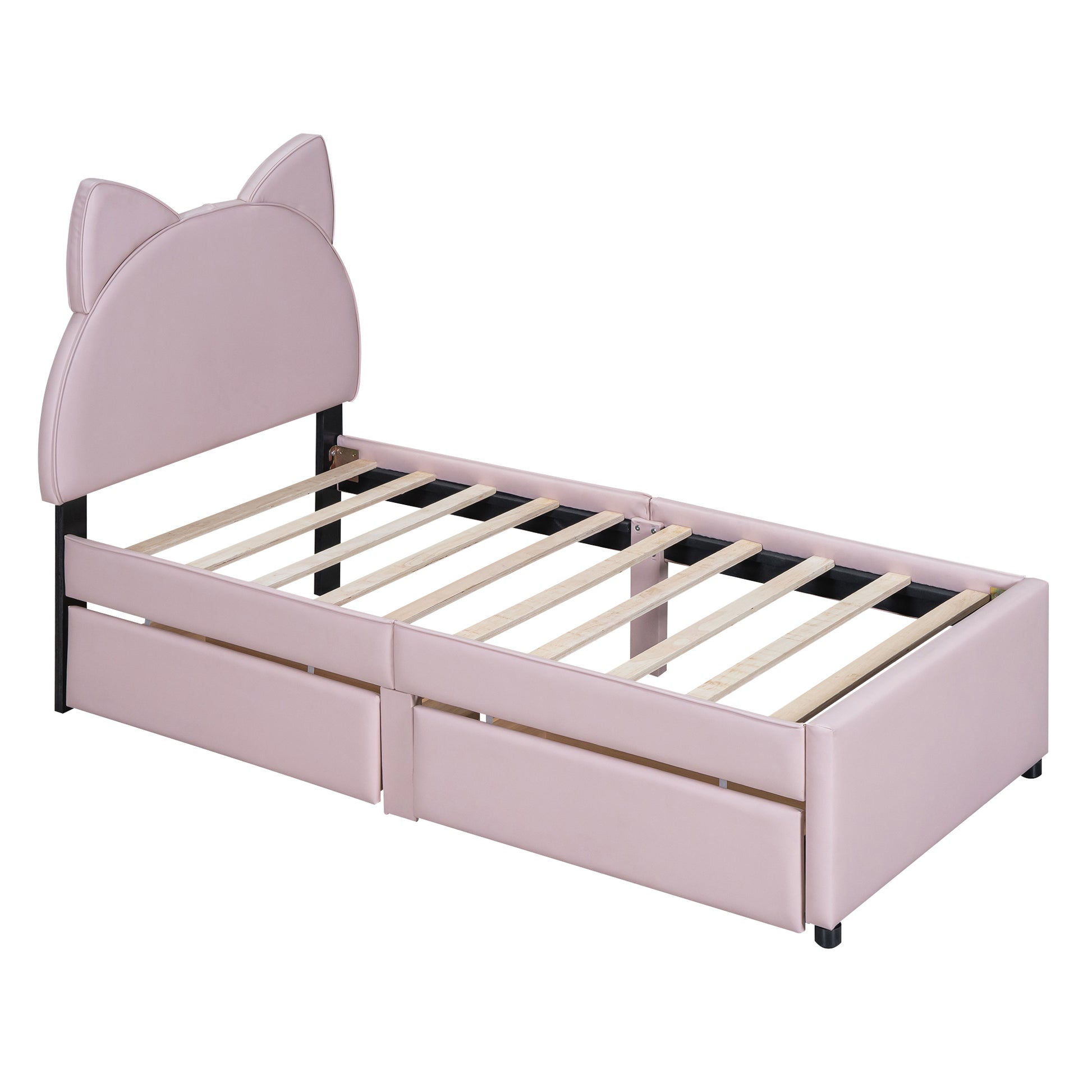 Twin Size Upholstered Platform Bed with Cartoon Ears Shaped Headboard and 2 Drawers, Pink