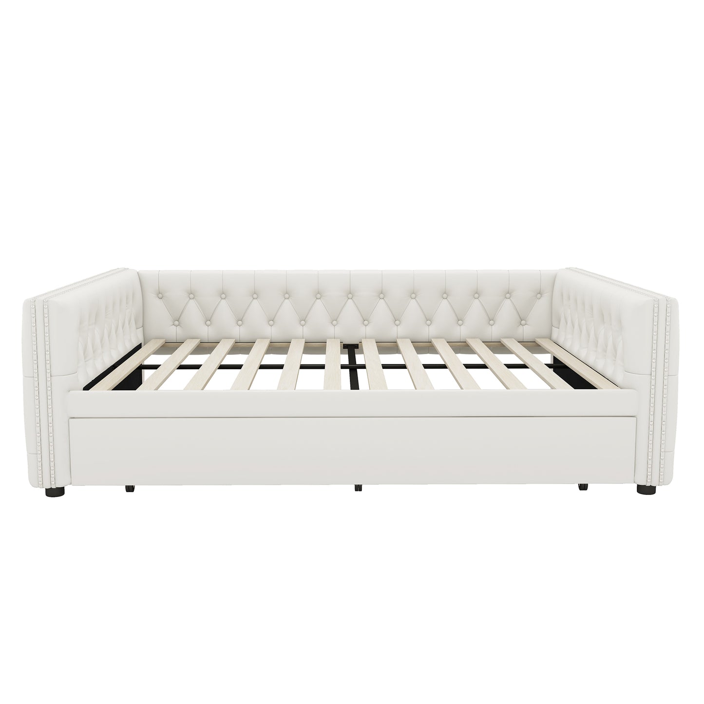 Full Size Daybed, Upholstered Tufted Sofa Bed with Trundle, Daybed with Button & Copper Nail on Square Arms, Full Daybed with Twin Trundle, White