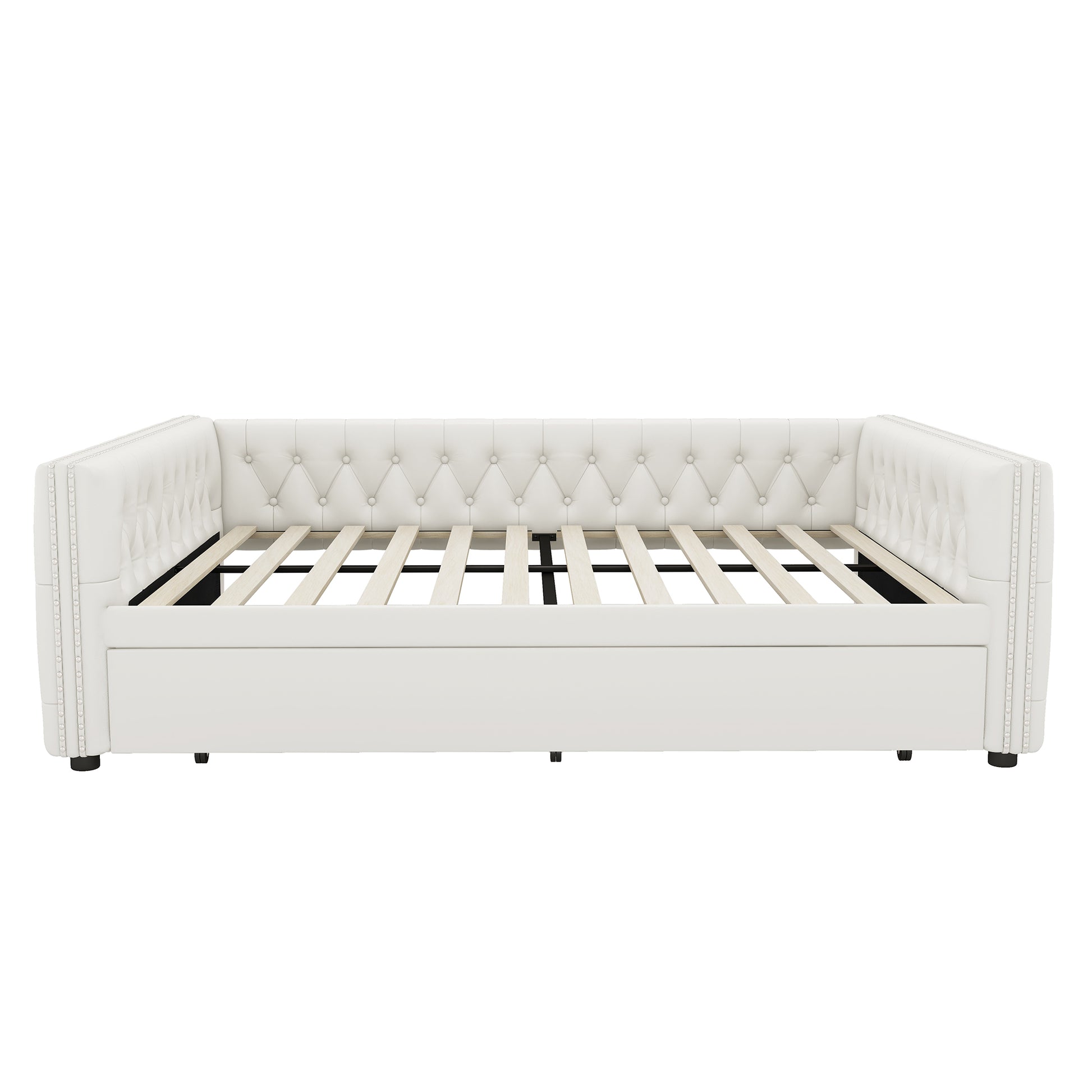 Full Size Daybed, Upholstered Tufted Sofa Bed with Trundle, Daybed with Button & Copper Nail on Square Arms, Full Daybed with Twin Trundle, White