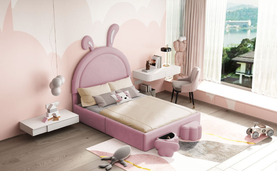 Full size Upholstered Rabbit-Shape Bed with 2 Storage Stools, Velvet Platform Bed with Cartoon Ears Shaped Headboard, Pink