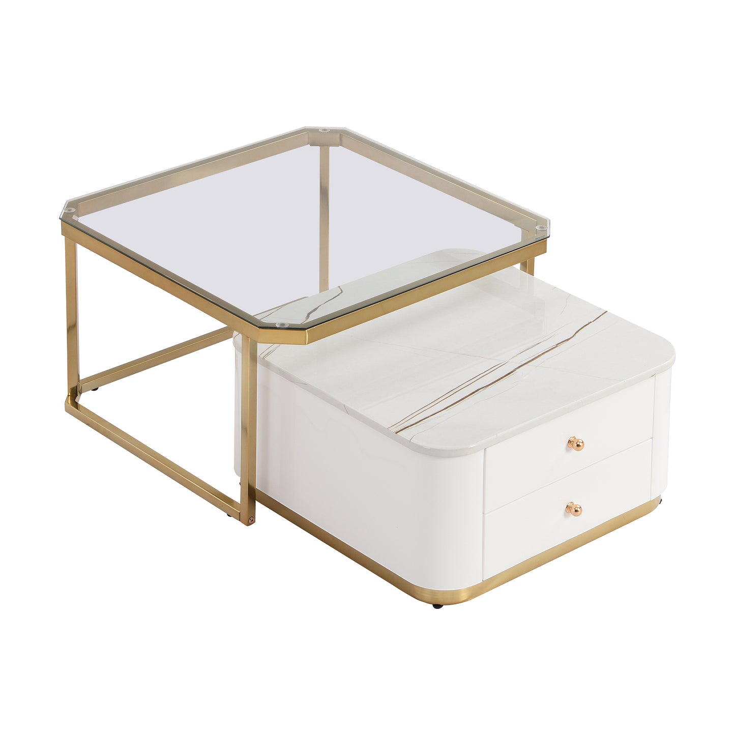 Modern 2 Pieces White  Square Nesting  Coffee Table with Drawers & Electroplated gold legs in 27.6''