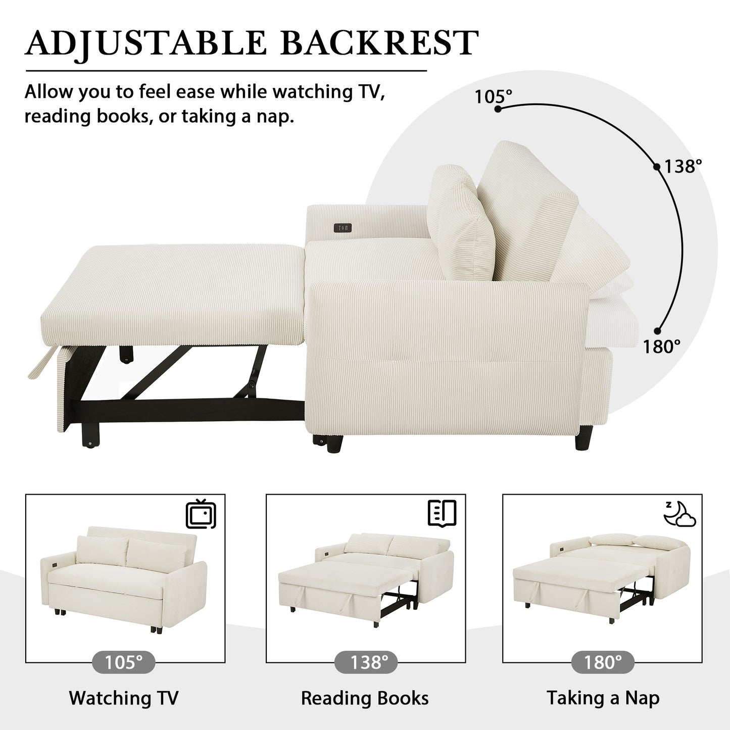 57.48" Pull-out Sofa Bed Convertible Couch 2 Seat Loveseat Sofa Modern Sleeper Sofa with Two Throw Pillows and USB Ports for Living Room, Beige(Old Sku:WF317760AAA)