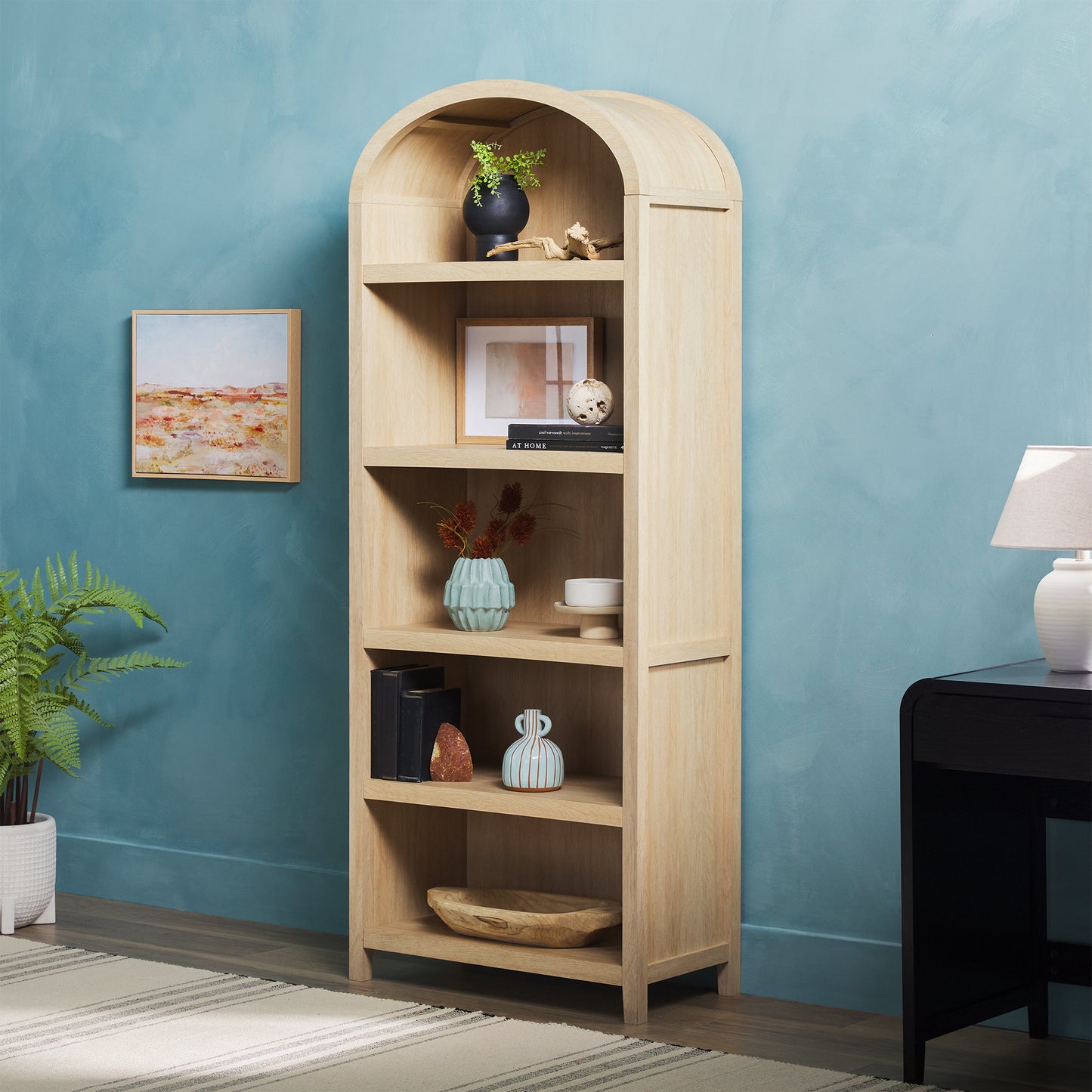 Modern 5 Shelf Open Arched Bookshelf - Oak