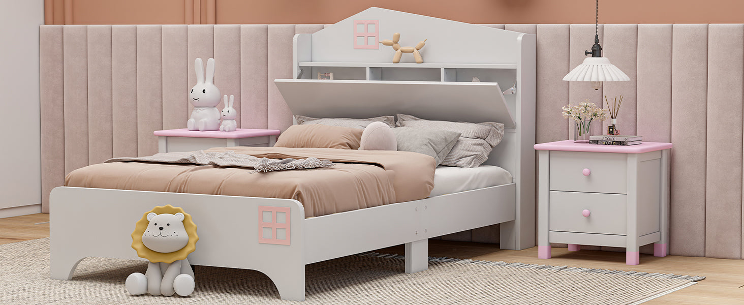 Wooden Twin Size House Bed with Storage Headboard ,Kids Bed with Storage Shelf, White