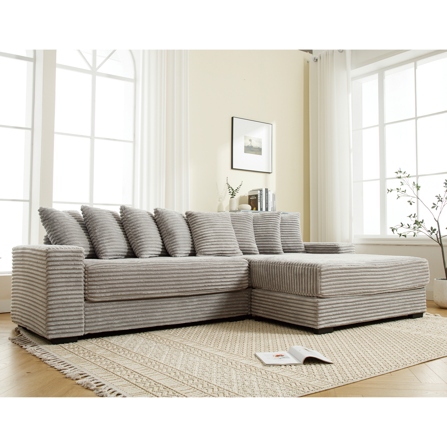 [NEW ARRIVED] [VIDEO PROVIDED] Oversized Two-Piece Couches, L Shaped Sofa, Corduroy, Right Chaise Daybed,with Armrests,Eight Throw Pillows,Corner Sofa,Easy To Assemble, Gray