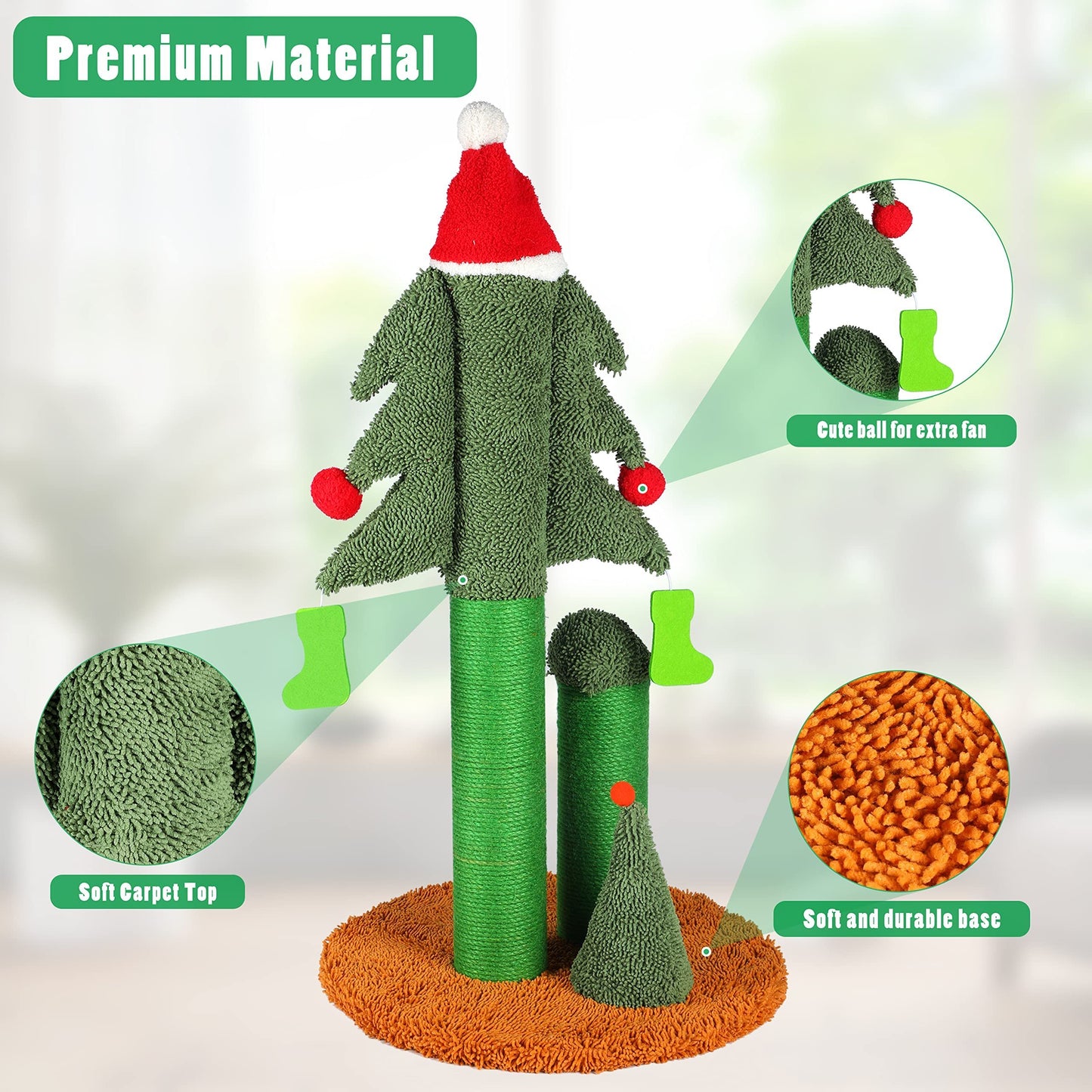 32'' Cat Scratching Post, Tall Christmas Tree Cat Scratcher with 3 Posts and Cute Dangling Teaser Balls, Natural Sisal Rope Cat Toys for Kitty and Adult Cats