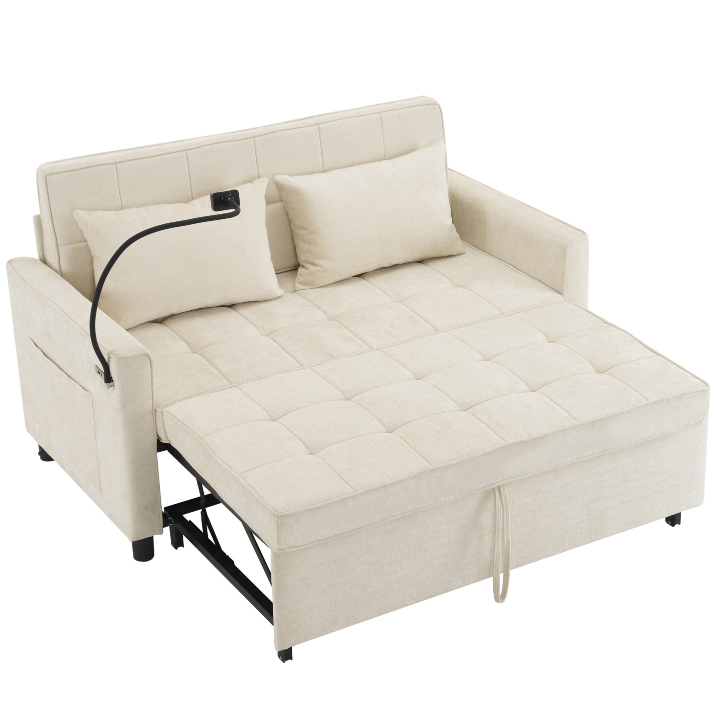 56.9" Loveseat Sofa Pull-out Sofa Bed Sleeper Sofa with a Reversible Backrest Cushion, Side Pockets, Two USB Ports and a Phone Holder for Living Room, Beige