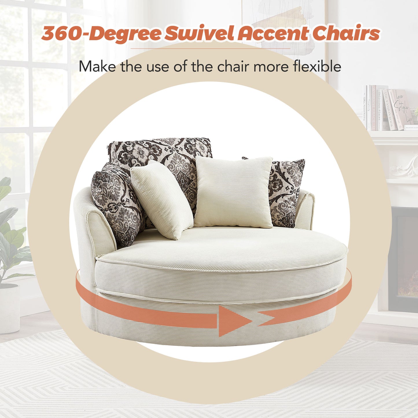 Swivel Accent Barrel Chair with 5 Movable Pillow 360 Degree Swivel Round Sofa Chair for Living Room,Bedroom, Hotel(Old SKU:WF315766AAA), Beige