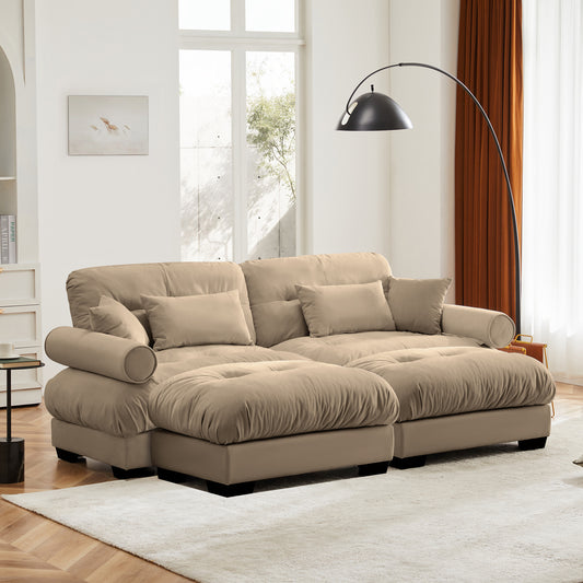 Over Size Modern Two-seater Sofa with Ottoman, Velvet 2-Seater with Round Bolster Armrests,With Waist Pillow and Throw Pillows, Reading Room , Loft and Bedroom,Camel